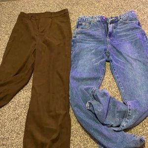 BROWN WIDE CUT LEG PANTS AND DENIM BAGGY JEANS